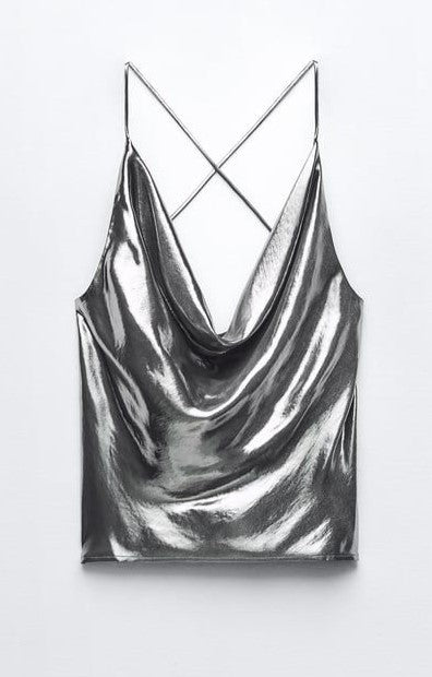 Wet Look Metallic Cowl Neck Cami Top