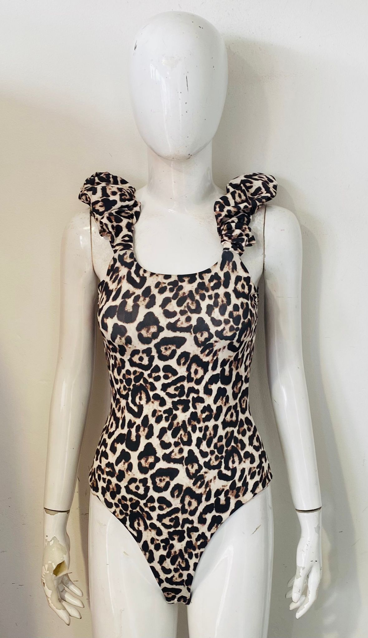 Leopard Print Slinky Ruched Shoulder Bodysuit