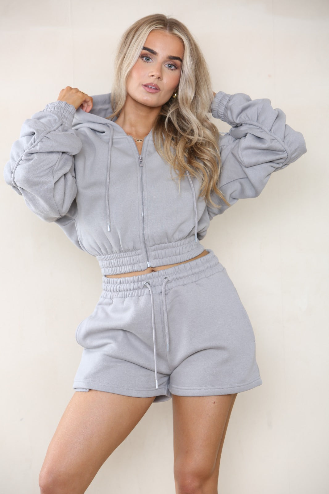Cropped Zip Up Ruched Sleeve Hoodie & Shorts Fleece Co-ord