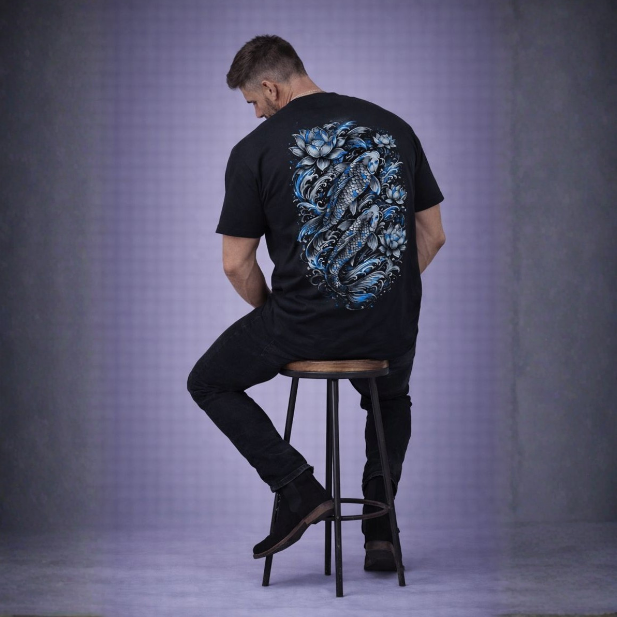 Short Sleeve Cotton T-shirt With Koi Print
