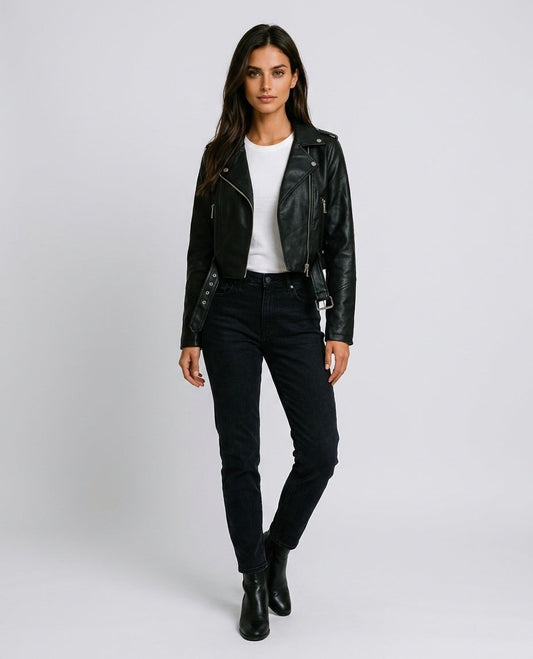Cropped Faux-Leather Belted Biker Jacket