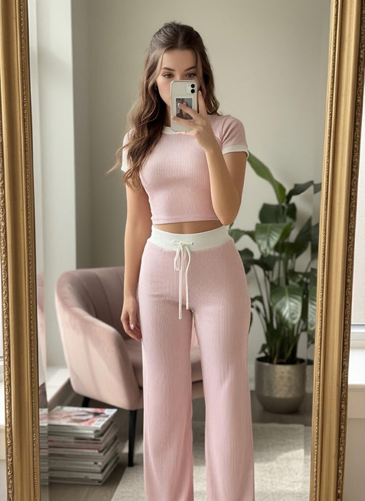 Ribbed Knit Cropped Top and Wide-Leg Lounge Co-ord