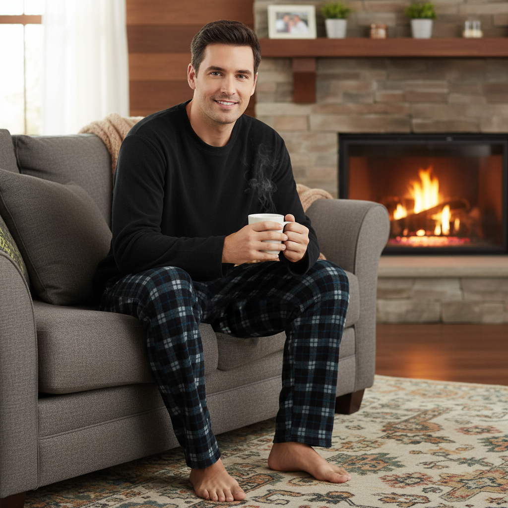 Men's Fleece Pyjama Set: Cozy Black Long Sleeve Loungewear for Ultimate Comfort