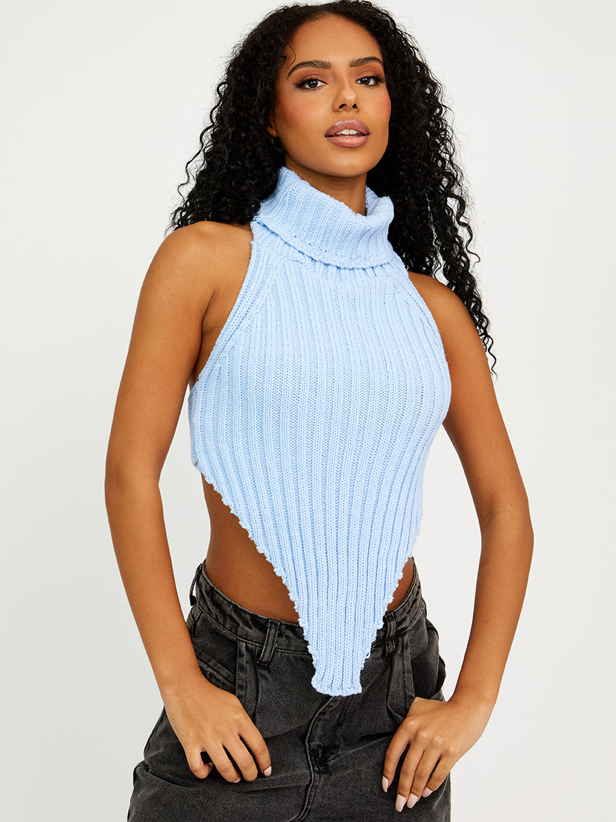 Halter Roll Neck Asymmetric Hem Knitted Crop Top