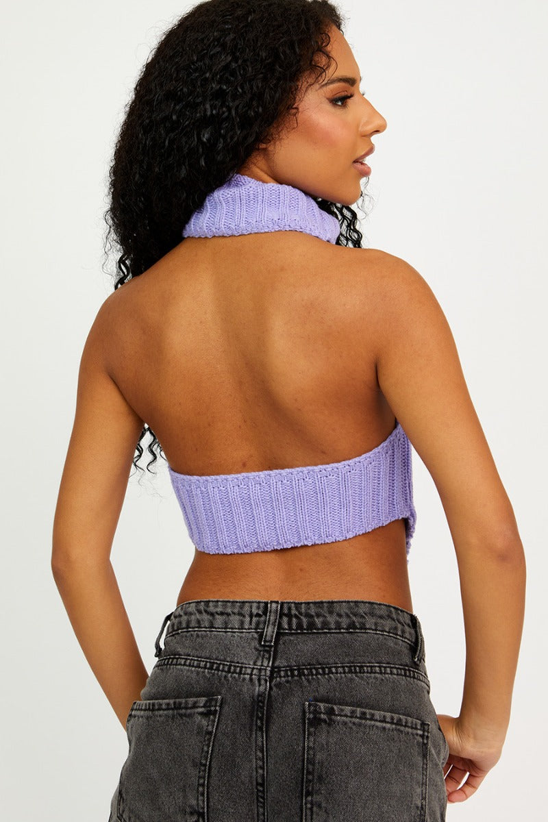 Halter Roll Neck Asymmetric Hem Knitted Crop Top