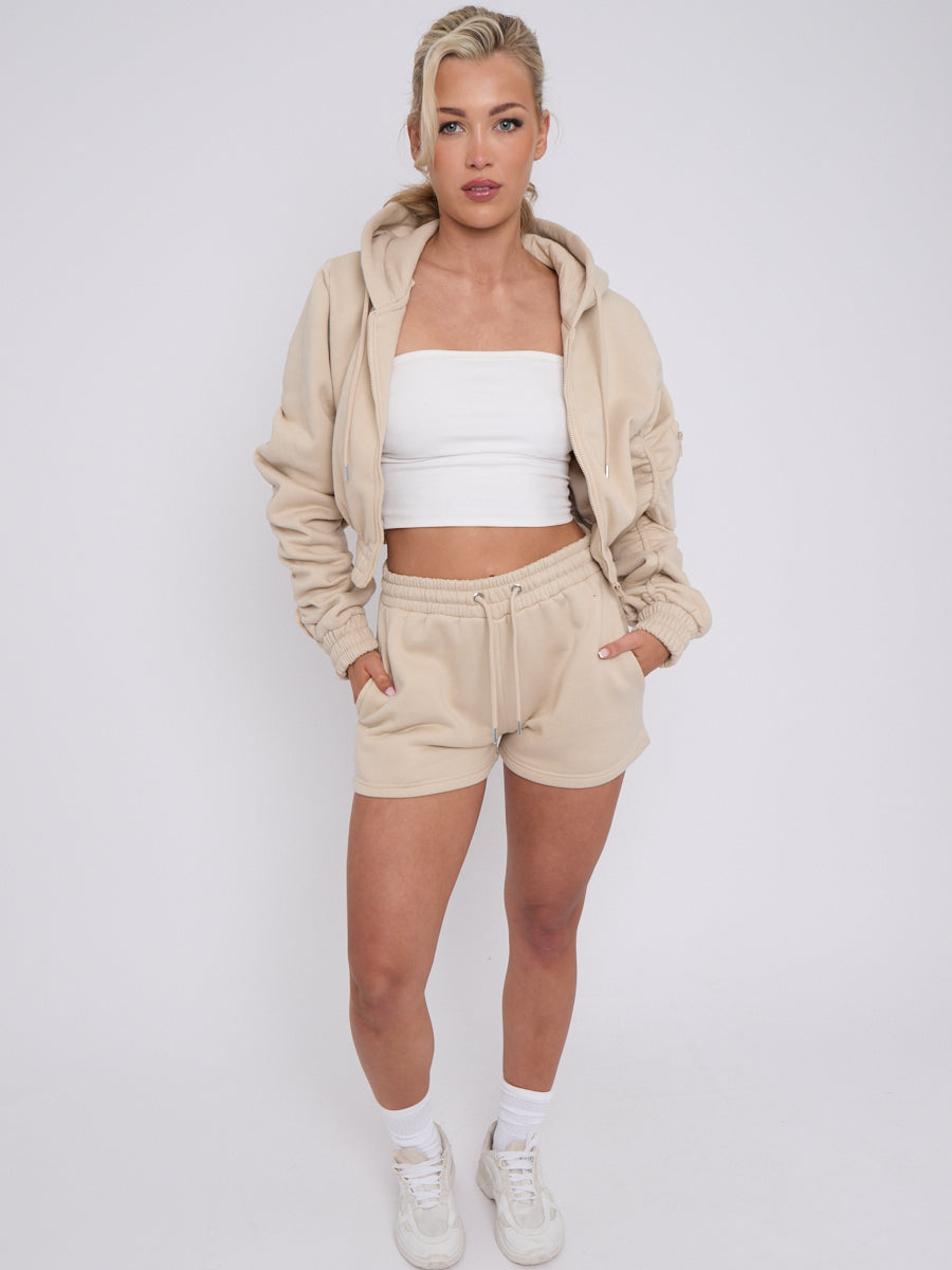 Cropped Zip Up Ruched Sleeve Hoodie & Shorts Fleece Co-ord