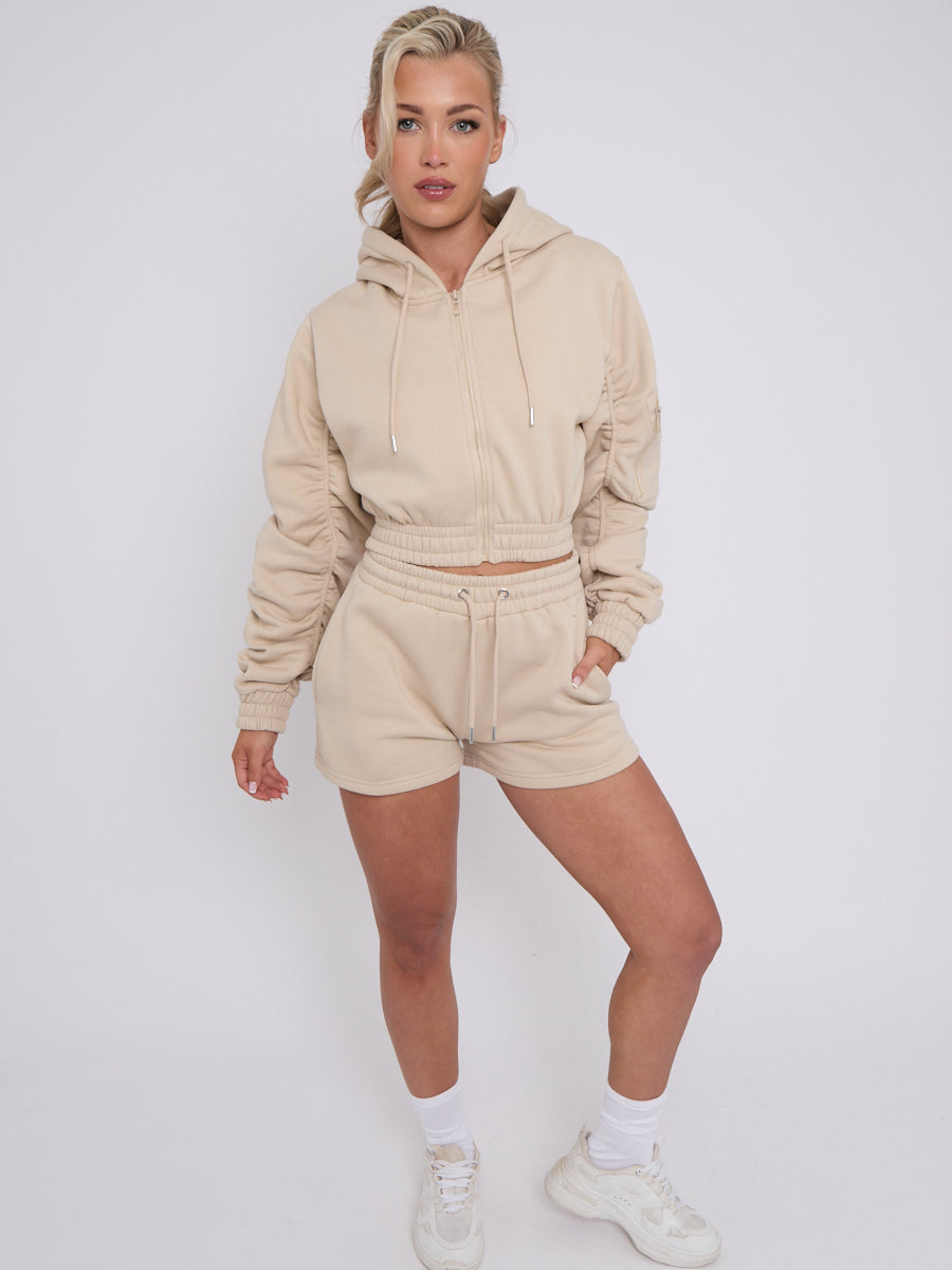Cropped Zip Up Ruched Sleeve Hoodie & Shorts Fleece Co-ord
