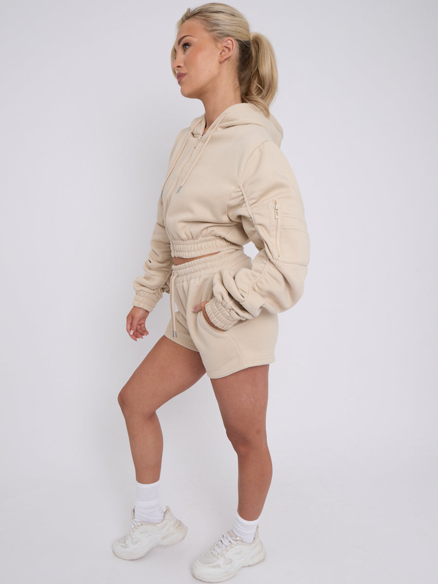 Cropped Zip Up Ruched Sleeve Hoodie & Shorts Fleece Co-ord