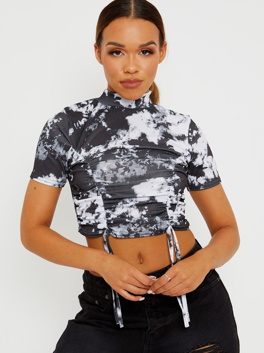 Tie-Dye Ribbed Ruched Crop Top