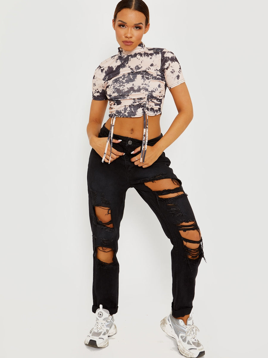 Tie-Dye Ribbed Ruched Crop Top