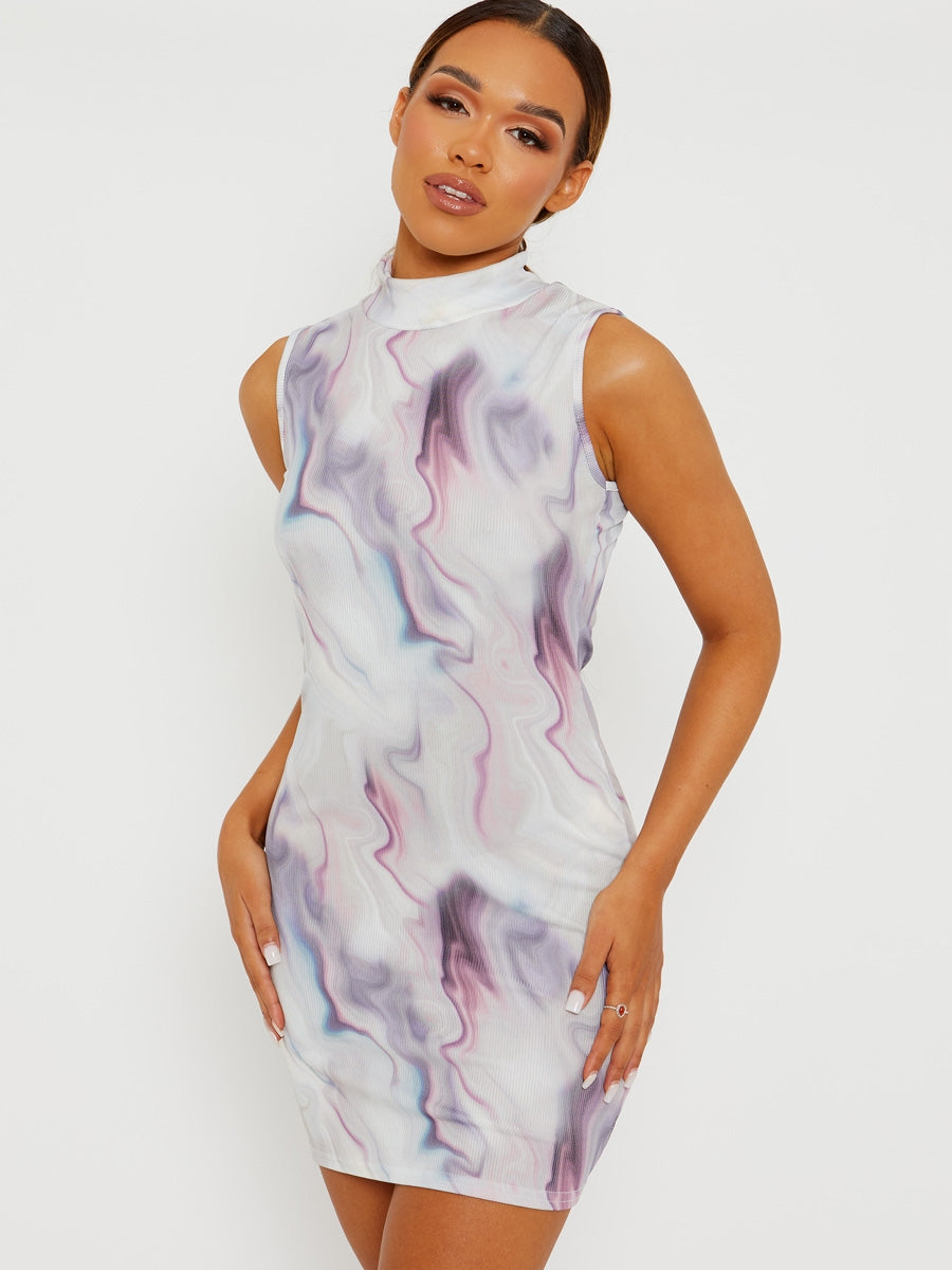 Marble Effect Ribbed Tie-Dye Dress