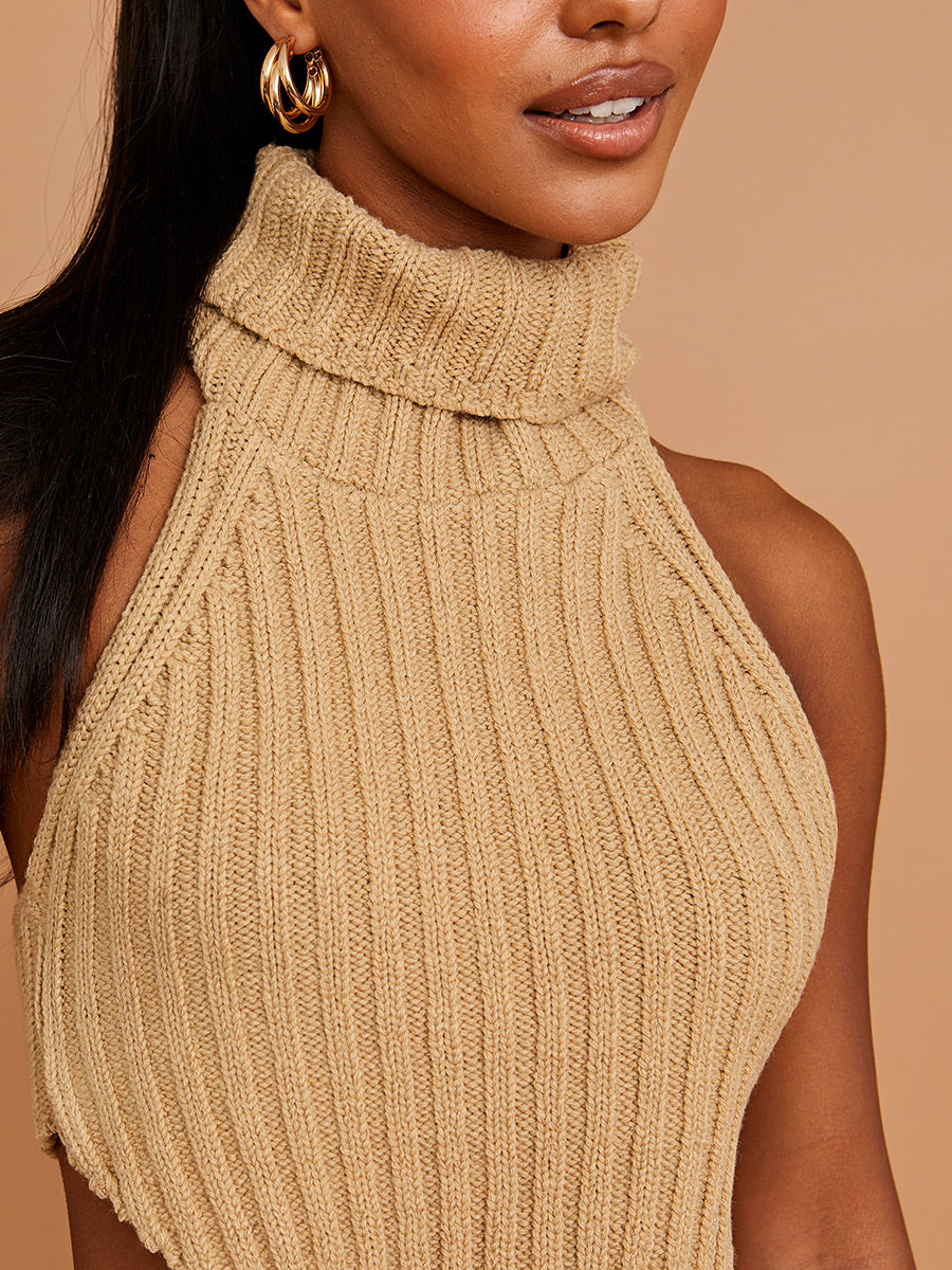 Halter Roll Neck Asymmetric Hem Knitted Crop Top