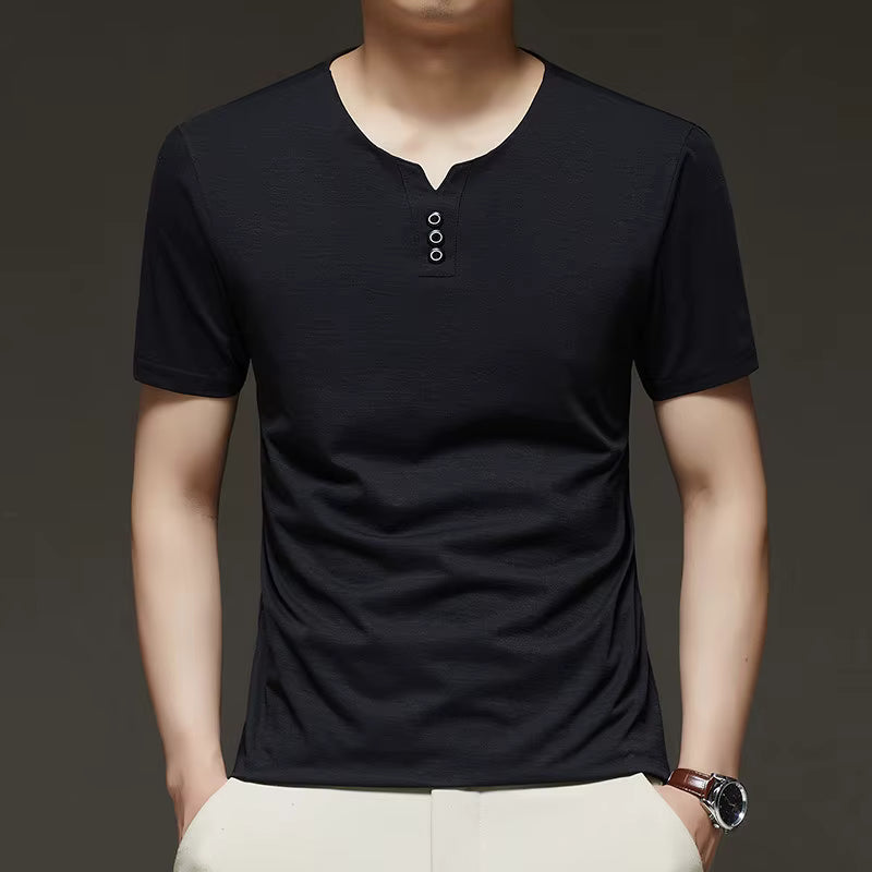 Men’s Three-Button V-Neck T-Shirt – Short Sleeve Top