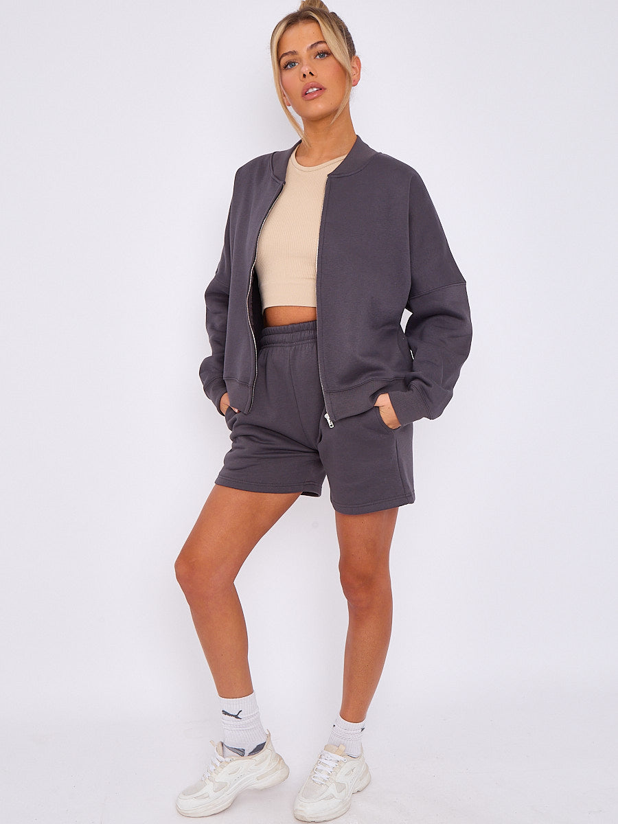 Oversized Bomber Style Fleece Zipper & Shorts Co-ord