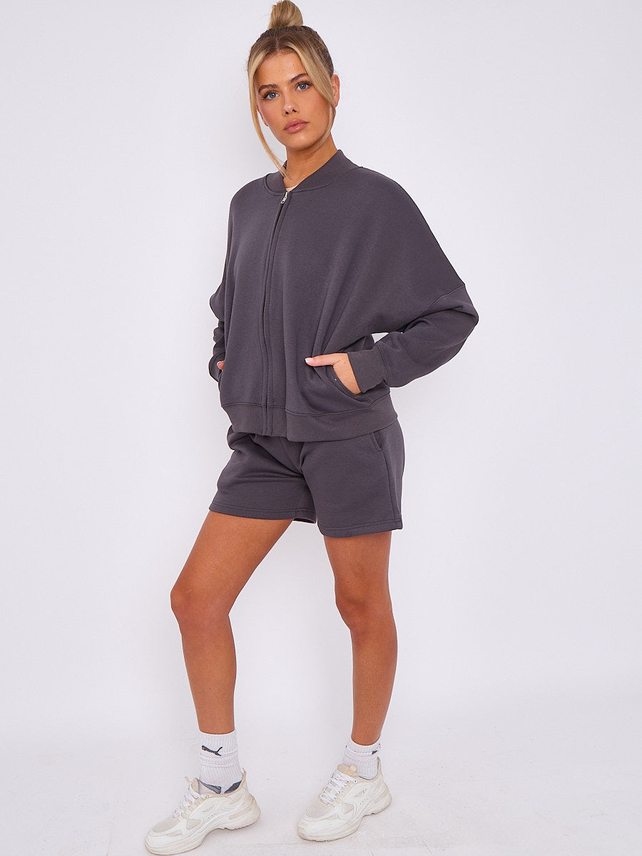 Oversized Bomber Style Fleece Zipper & Shorts Co-ord