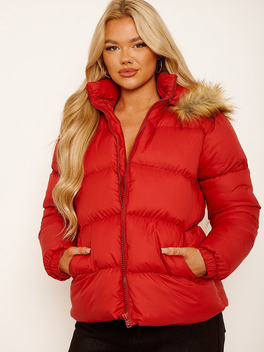 Faux Fur Trim Hood Padded Puffer Jacket