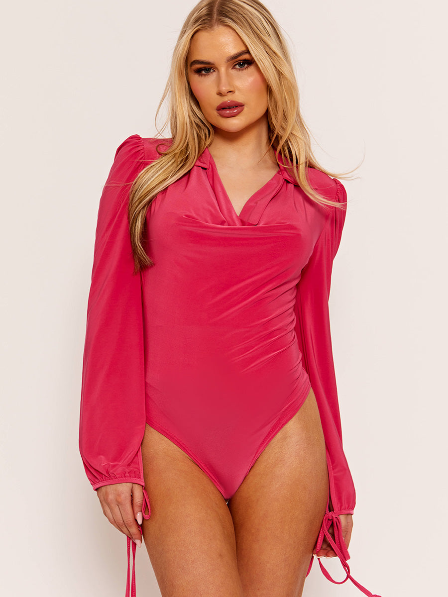 Cowl Neck Collared Slinky Bodysuit