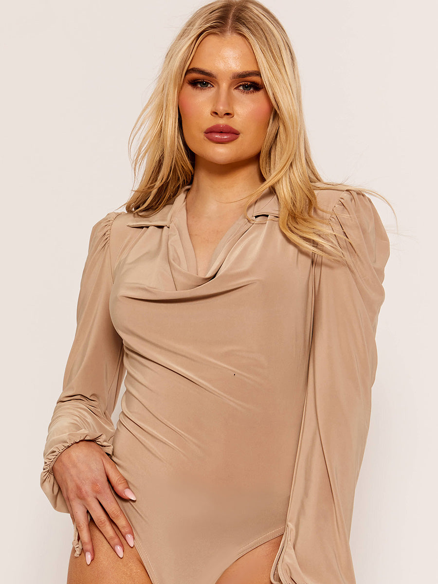 Cowl Neck Collared Slinky Bodysuit