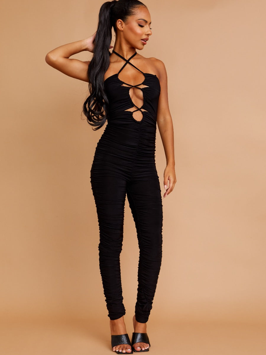 Halter Cut Out Front Slinky Ruched Jumpsuit