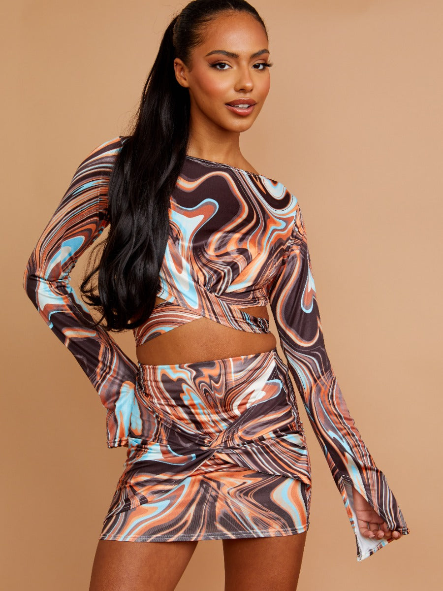 Printed Wrap Around Slinky Crop Top & Twisted Skirt Co-ord