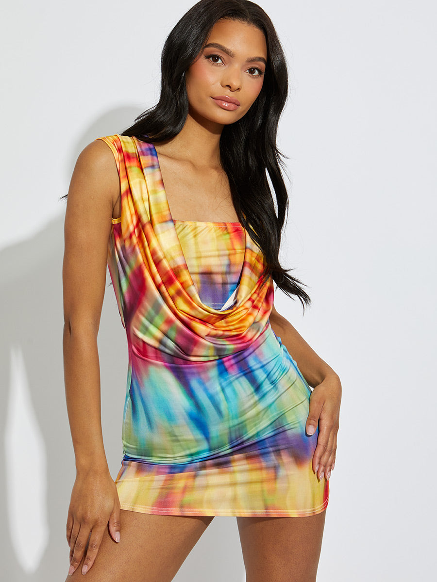 Printed Sleeveless Cowl Neck Dress