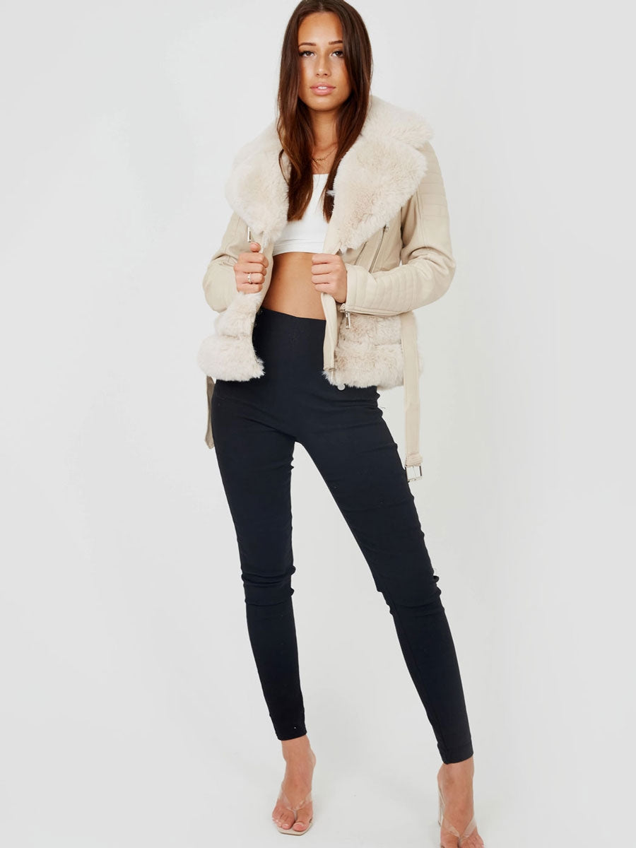 Faux Fur Belted PU Jacket