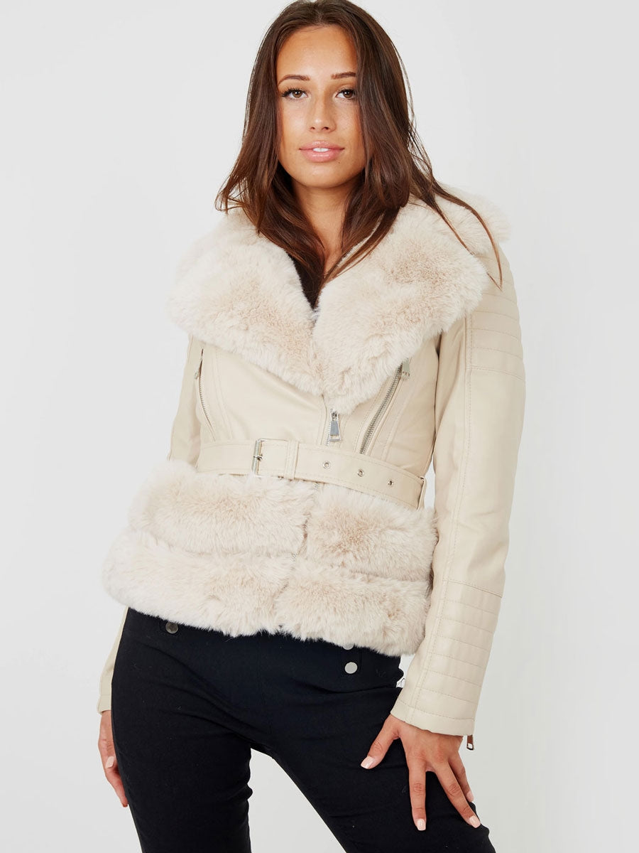 Faux Fur Belted PU Jacket