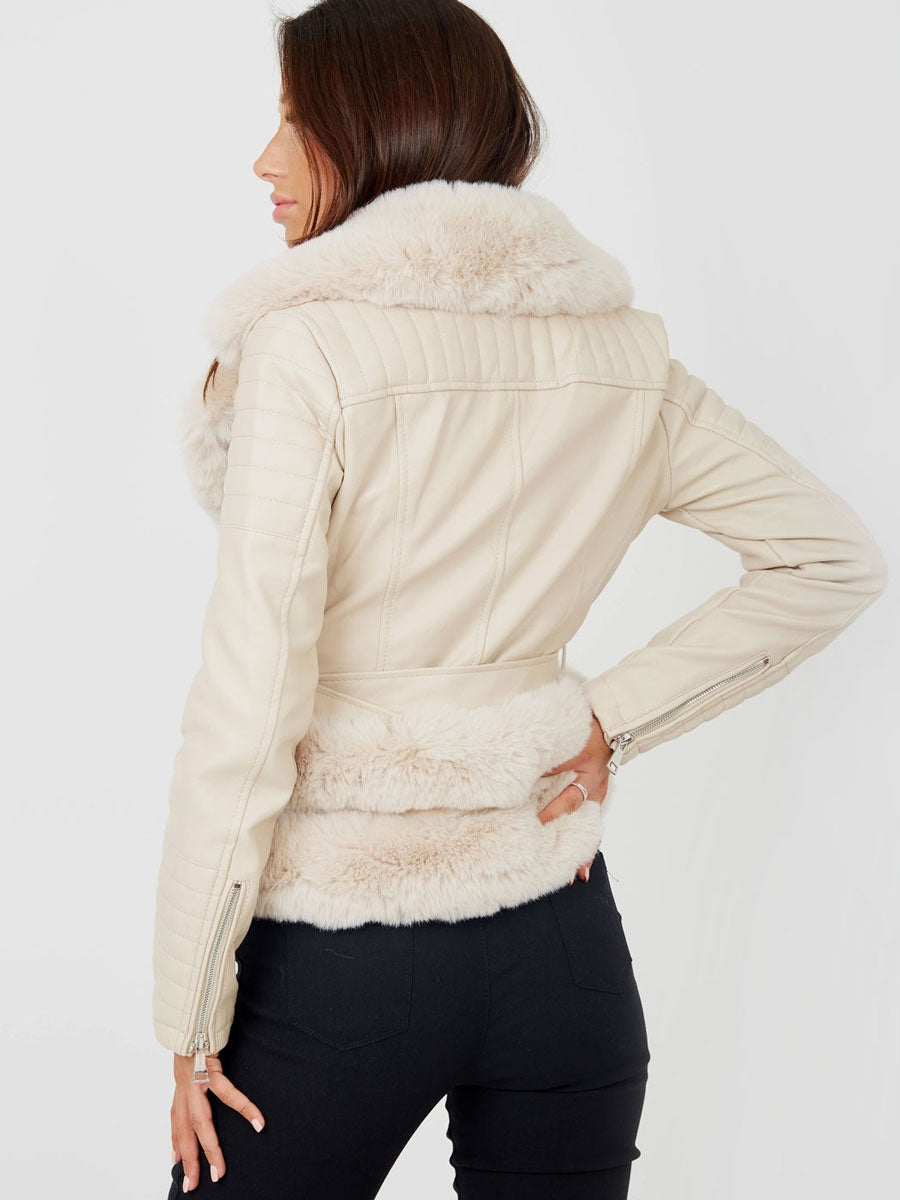 Faux Fur Belted PU Jacket