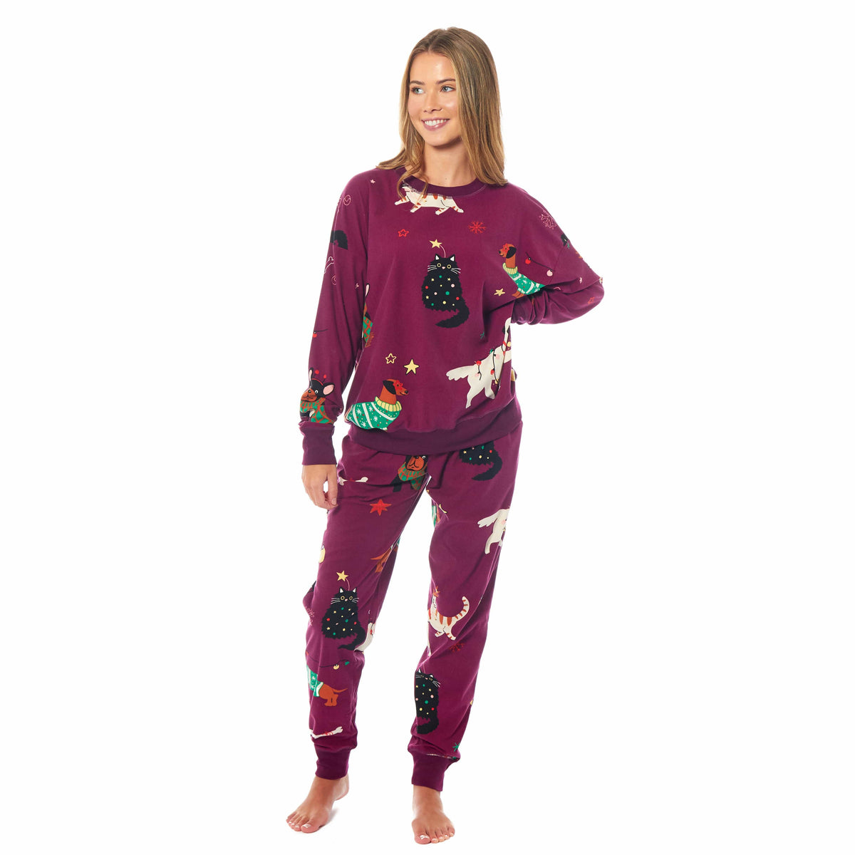 Daisy Dreamer Women's Cat And Dog Print Fleece Pyjama Set Long Sleeve Sleepwear Cosy Nightwear Set