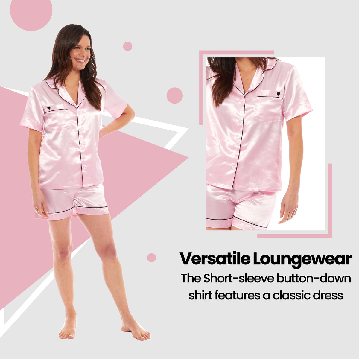 Daisy Dreamer Women's Satin Short Pyjama Set Black Pink Grey UK Sizes 8-22 Easy-Care Sleep Set
