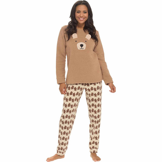 Daisy Dreamer Women's Teddy Bear Fleece Pyjama Set Long Sleeve Top Patterned Elastic